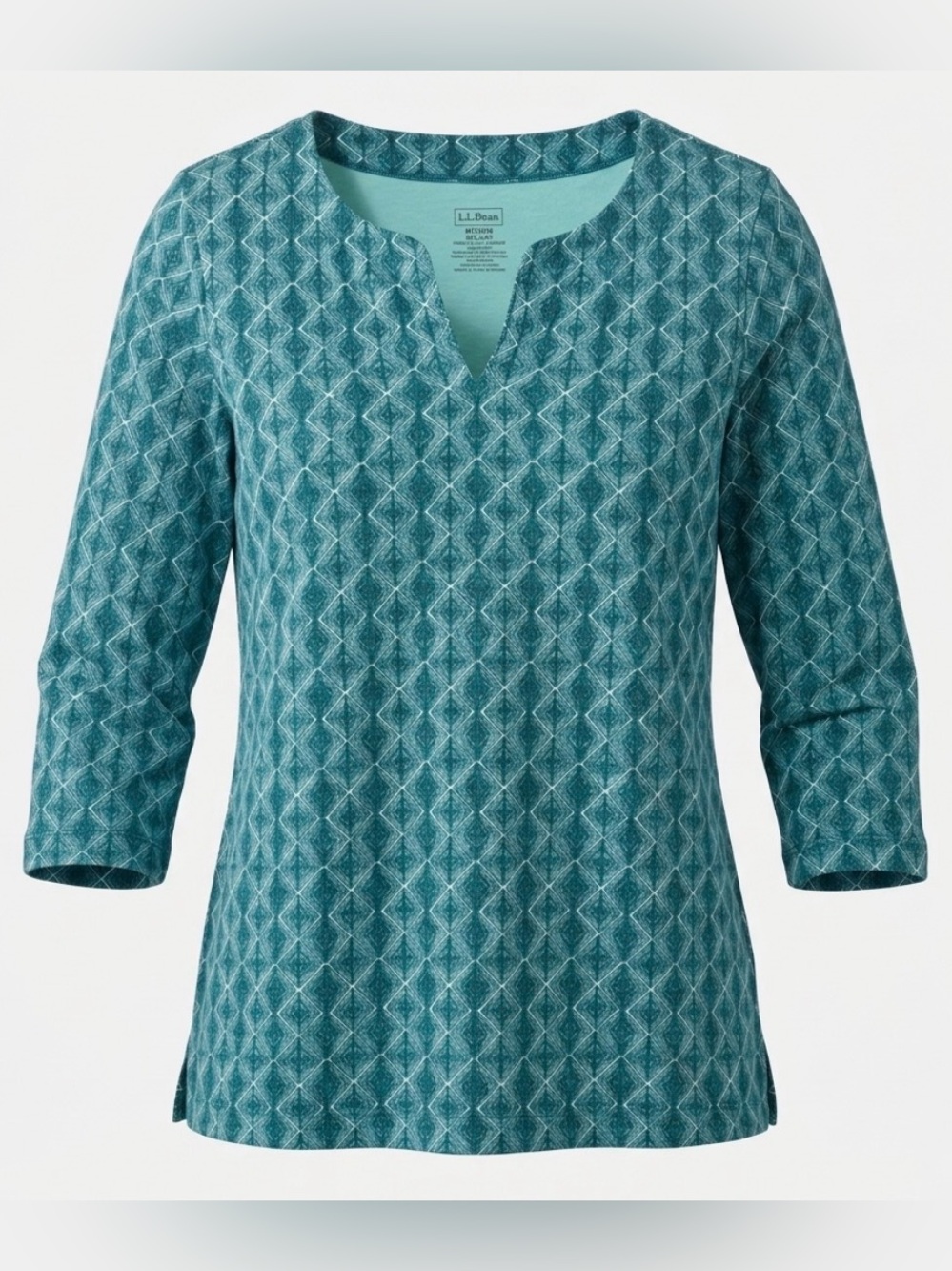 LL Bean Women M Regular Teal Geometric Tunic Top Supima Cotton 3/4 Sleeve 505543